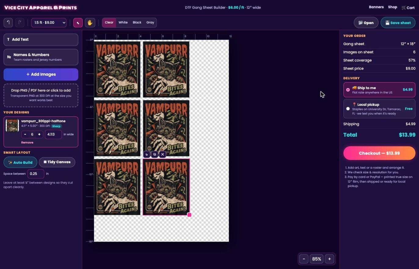 The gang sheet builder on vicecityprints.com: six designs arranged on a 12 by 18 inch sheet, with the order total on the right