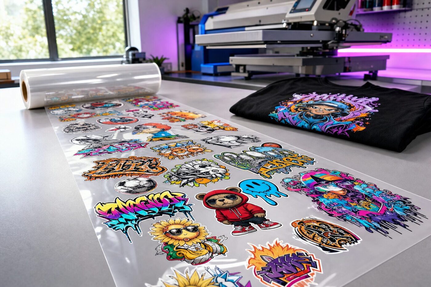 A long DTF gang sheet of colorful designs unrolled across a workbench, with a heat press and a printed black t-shirt behind it