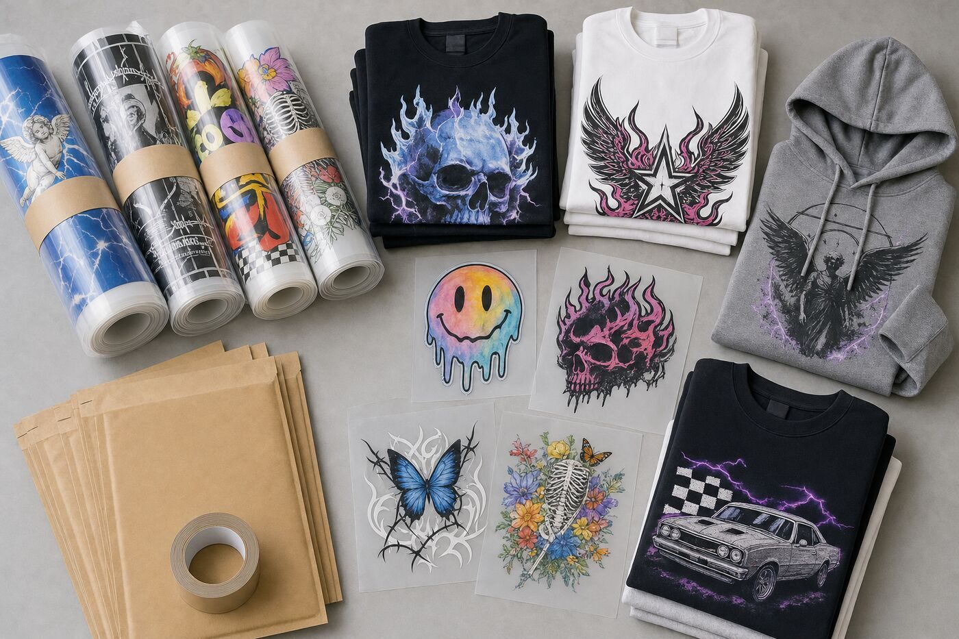 Rolled gang sheets, cut transfers, folded printed shirts and hoodies, and shipping mailers on a workbench