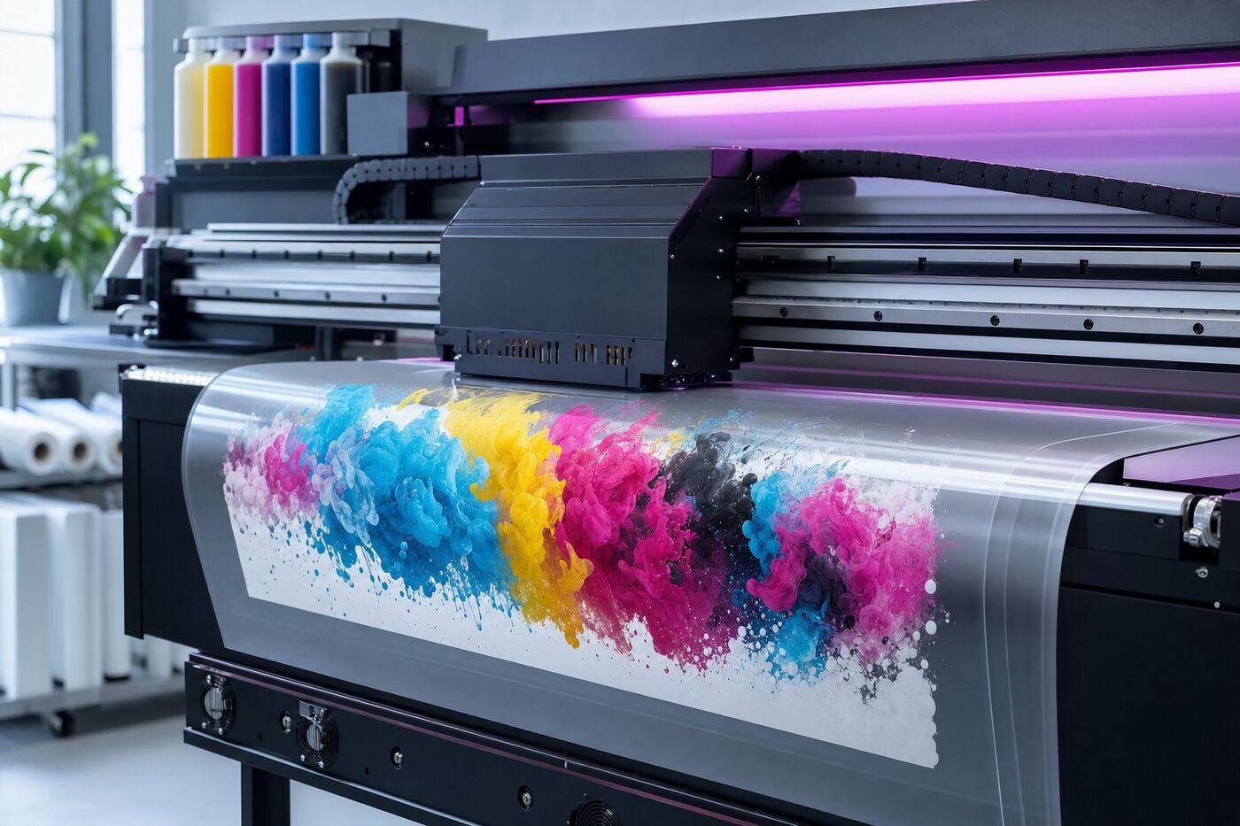 A DTF printer laying down cyan, magenta, yellow and black ink over a white layer on clear film